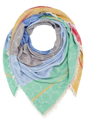 Vierkante sjaal met rafelige randen met meerkleurige pastelblokken in groen, blauw, grijs, geel en rood met een subtiel wit bloemmotief.