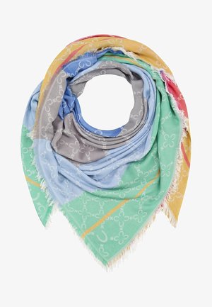 Pañuelo cuadrado con bordes deshilachados que presenta bloques pastel multicolor en verde, azul, gris, amarillo y rojo con un sutil patrón floral blanco.