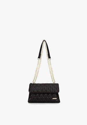 Quilted black handbag with red stitching, gold-tone chain straps, and a fold-over flap closure; made of synthetic material.