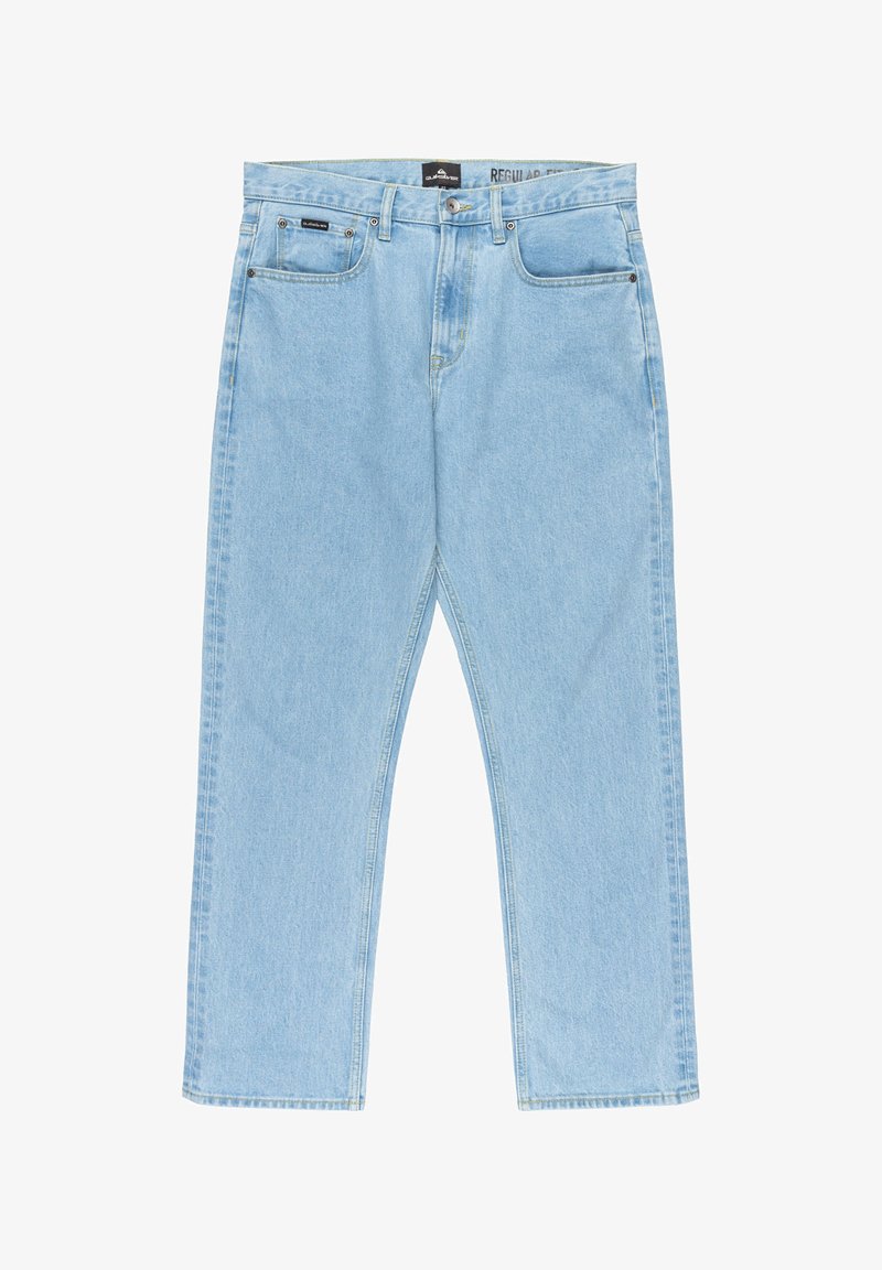 Jeans de denim azul claro con un diseño de pierna recta, cinco bolsillos y cierre de botón. Tejido suave con un acabado deslavado.