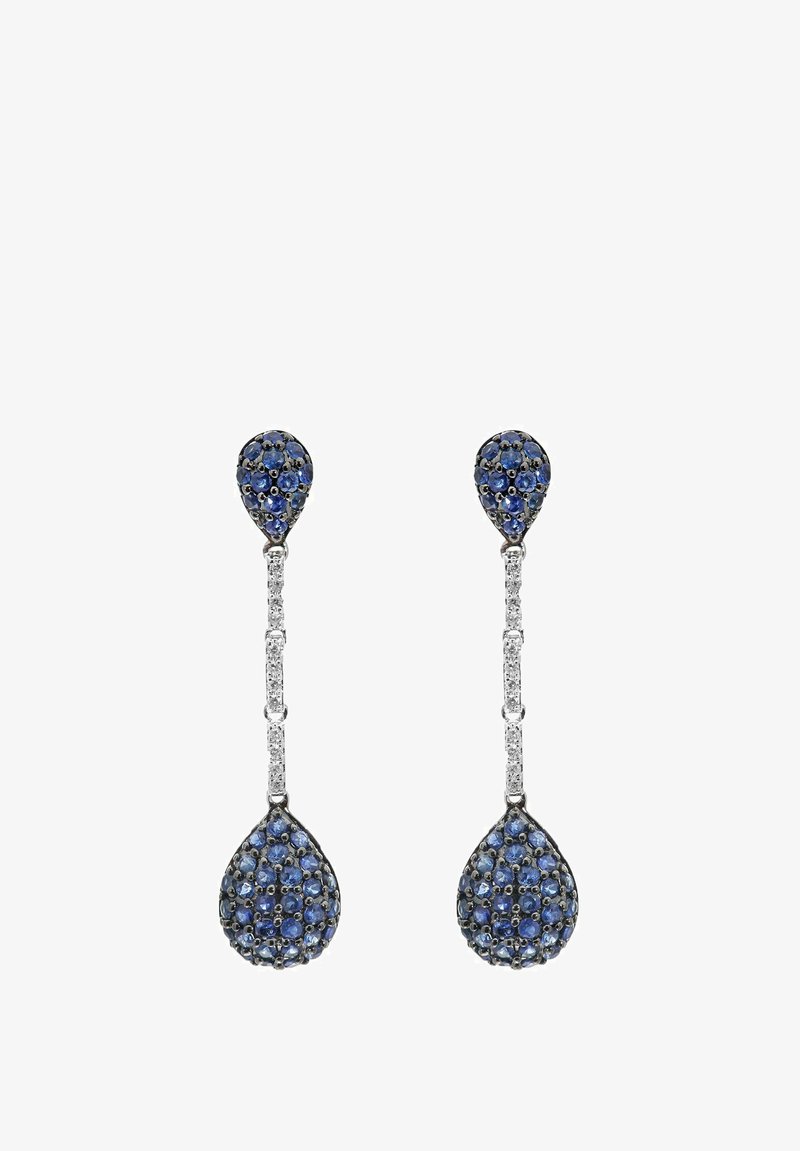 Drop earrings featuring a teardrop design, encrusted with blue gemstones and accented by a silver chain with small clear stones.
