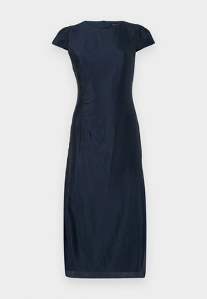 Abito aderente blu navy con maniche corte, tessuto strutturato e arricciature laterali. Lunghezza al ginocchio con zip nascosta sul retro. Finitura liscia.