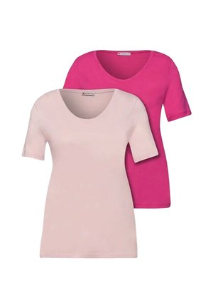 Dwie damskie koszulki z krótkim rękawem, jedna jasnoróżowa z przodu, druga jaskraworóżowa z tyłu, obie z dekoltem w serek.