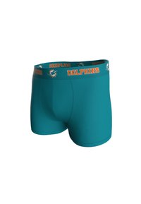 Bóxers de color verde azulado con cintura elástica que presenta "DOLPHINS" en texto naranja y logotipos de delfines. Diseño liso y ajustado.