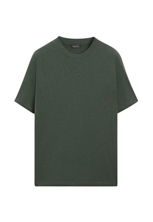 Donkergroen T-shirt met korte mouwen, gemaakt van zacht katoen met een ronde hals en een relaxte pasvorm. Geen patronen of zichtbare logo's.