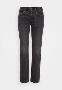 Vaqueros de denim negros de pierna recta con botones delanteros y bolsillos, exhibidos sobre un fondo blanco.