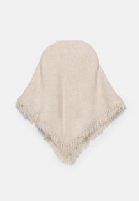 Beige kolmiohuivi, joka on valmistettu pehmeästä materiaalista ja jossa on friteeratut reunat. Sujuva pinta ja tasainen väri koko ajan ilman ylimääräisiä kuvioita.