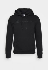 Felpa con cappuccio nera realizzata in tessuto morbido, dotata di tasca frontale, con un logo Champion discreto sul petto e cordini regolabili.