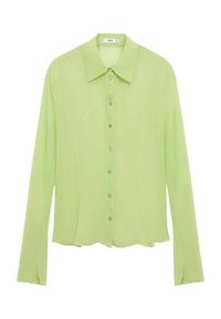 Camicia a maniche lunghe con bottoni di colore verde chiaro, realizzata in tessuto leggero e arioso. Presenta un colletto a punta e un orlo leggermente curvato.