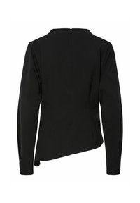 Haut noir à manches longues avec un col rond, doté d'une fermeture éclair discrète au dos et d'une encolure légèrement asymétrique. Tissu lisse, coupe ajustée.