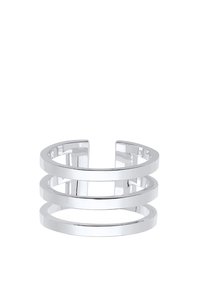 Sølv cuff-armbånd med tre horisontale cirkulære bånd, slankt design med poleret finish og åbne ender for justerbar pasform.