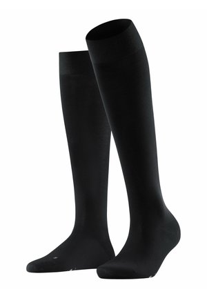 Calze nere fino al ginocchio realizzate in materiale elastico e liscio, con una fascia superiore a coste e un design della punta senza cuciture.