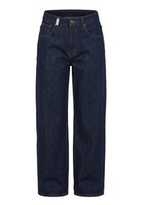 Tmavomodré džínsy rovného strihu s gombíkom a zipsom, prednými vreckami a pútkami na opasok, zobrazené na bielom pozadí.