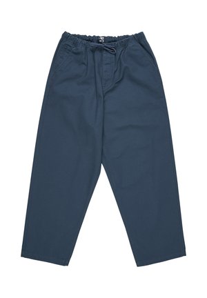 Navyblauwe, relaxte broek van katoen met een elastische tailleband en trekkoord, voorzien van zijzakken en een gladde textuur.