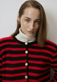 Crvena i crna prugasta kardiganica s okruglim izrezom, s zlatnim dugmadi sprijeda. Nosi se preko bijelog rolakima.