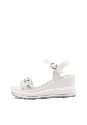 Sandalo con zeppa bianco con cinturino frontale con fibbia, cinturino alla caviglia con fibbia argentata e suola spessa in gomma.
