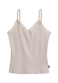Camisola beige chiaro con dettagli in pizzo e spalline regolabili. Realizzata in tessuto a coste, presenta una forma aderente e un orlo dritto.