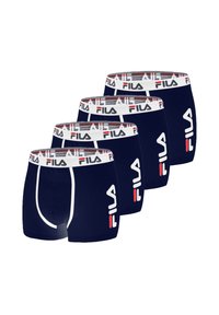 Lot de quatre boxers bleu marine, avec une taille élastique blanche portant le logo Fila. Tissu doux, design ajusté, détail de logo contrastant.