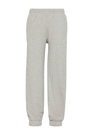 Pantalones deportivos gris claro con cintura y puños elásticos, corte recto, hechos de tela suave.