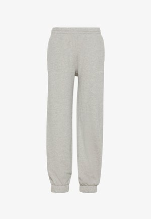 Pantalones deportivos gris claro con cintura y puños elásticos, corte recto, hechos de tela suave.