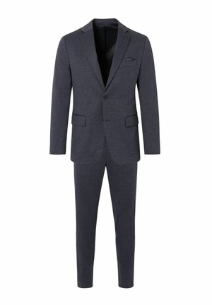 Donkergrijs herenkostuum met een éénknopscolbert en bijpassende slim fit broek op een witte achtergrond.