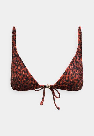Haut de bikini triangle avec bretelles réglables et imprimé léopard rouge-noir, doté d'un lien à l'avant avec de petites perles métalliques.