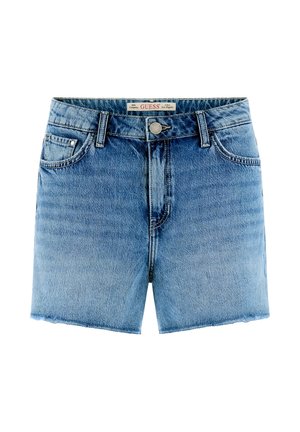 Lichtblauwe denim shorts met rafelige zoom, knoopsluiting aan de voorkant, ritssluiting, lussen voor een riem en een vijfzakkenontwerp.
