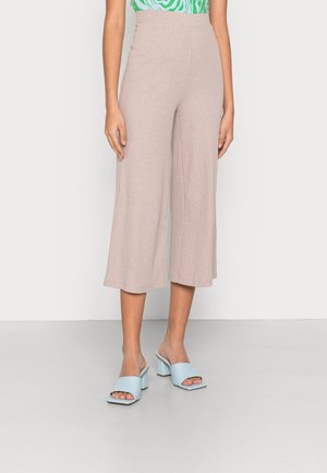 Light beige ribbed wide-leg pants with a high waist, paired with light blue block-heel mules. Smooth texture and simple design details.