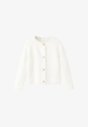 Weißer Strickcardigan mit langen Ärmeln, rundem Ausschnitt und fünf Holzknöpfen vorne. Verfügt über eine gerippte Struktur und ein kurzes Design.