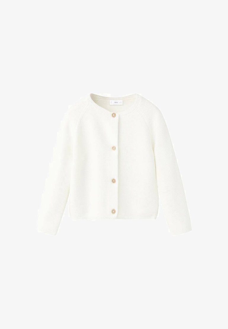 Bílý pletený kardigan s dlouhými rukávy, kulatým výstřihem a pěti dřevěnými knoflíky vpředu. Má žebrovanou texturu a zkrácený střih.