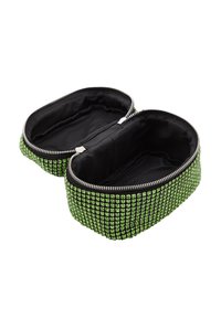 Custodia cosmetica verde con strass, dotata di chiusura con zip, interno nero e due scomparti. Forma rettangolare con superficie texturizzata.