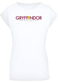 Hvid t-shirt med korte ærmer, der har et stort rødt og gult "GRYFFINDOR" logo med et løveikon, glat bomuldsstruktur.
