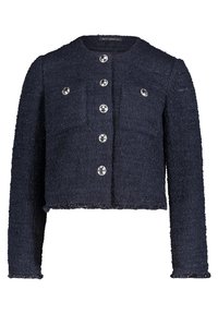 Veste en tweed texturée bleu marine à manches longues, col rond, six boutons argentés, deux poches poitrine et un ourlet légèrement court.