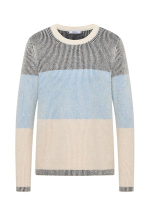 Suéter de punto con patrón a rayas en colores: negro, gris, azul claro, crema y beige. Cuello redondo y textura acanalada. Mangas largas.