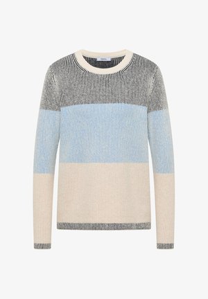 Suéter de punto con patrón a rayas en colores: negro, gris, azul claro, crema y beige. Cuello redondo y textura acanalada. Mangas largas.