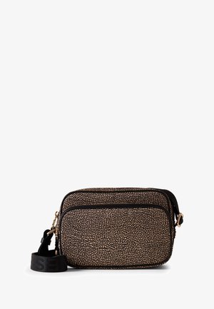 Rectangular crossbody bag in a beige and black speckled pattern, featuring two zippered compartments and a detachable strap.