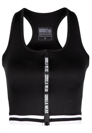 Zwarte strakke sportcrop-top met rits aan de voorkant, witte accenten en "GORILLA WEAR" branding. Glad textuur en mouwloos ontwerp.