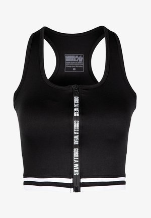 Zwarte strakke sportcrop-top met rits aan de voorkant, witte accenten en "GORILLA WEAR" branding. Glad textuur en mouwloos ontwerp.