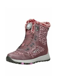Rosa und graue wasserdichte Stiefel mit einem Kragen aus Kunstpelz, strukturiertem Stoff, gemustertem Überzug, Schnürsenkeln und einem BOA-Ziehsystem. Gummisohle mit Traktion.