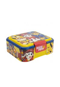 Lunch box in plastica con coperchio blu e corpo giallo, decorata con cani cartoon e il testo "RESCUE PUPS." Superficie liscia e lucida con colori vivaci.