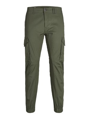 Cargo pants in olive green, tapered fit, made of durable cotton blend. Features side pockets and elastic cuffs at the ankles.
