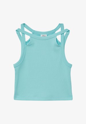 Débardeur côtelé bleu clair avec plusieurs fines bretelles au dos, doté d'une silhouette ajustée et d'un ourlet droit.