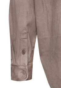 Long sleeve shirt in taupe, made of smooth fabric. Features buttoned cuffs with a subtle sheen and stitching details.