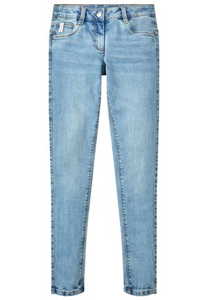 Hellblaue Skinny-Jeans aus Denim mit vorderen und hinteren Taschen, Gürtelschlaufen sowie Knopf- und Reißverschluss.