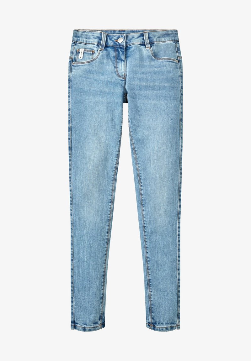 Jean skinny en denim bleu clair avec poches avant et arrière, passants de ceinture, fermeture par bouton et fermeture éclair.