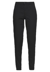 Svarta byxor i glatt tyg, med slim fit, slät front och normal midja. Inkluderar knäppning med knapp och dragkedja.