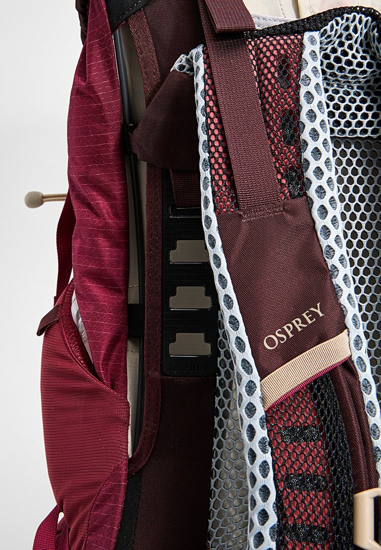 Close-up van een bordeauxrode Osprey rugzakriem met gaasbekleding, verstelbare sluitingen en een deel van een zijvak zichtbaar.