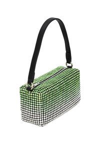 Borsa a mano rettangolare verde e argento decorata con strass, chiusura con cerniera e manico in pelle nera.