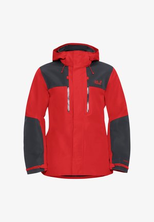 Rode en grijze waterdichte jas met capuchon, twee borstzakken met rits, elastische boorden en reflecterende details voor zichtbaarheid.