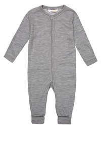Grauer, langärmeliger Babyschlafanzug aus weichem Material mit texturiertem Finish, ausgestattet mit einem Druckknopfverschluss vorne und gerippten Bündchen.